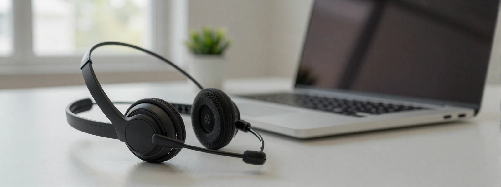 Customer support headset on a clean modern desk