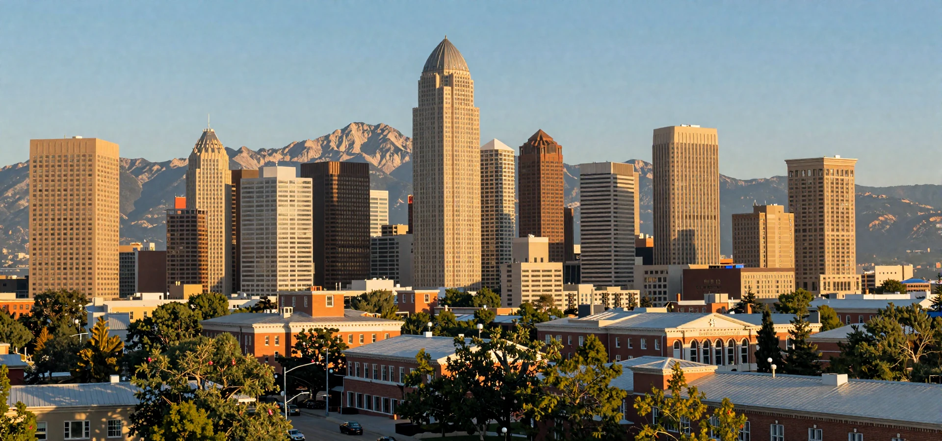 Denver downtown skyline with Rocky Mountains backdrop at golden hour