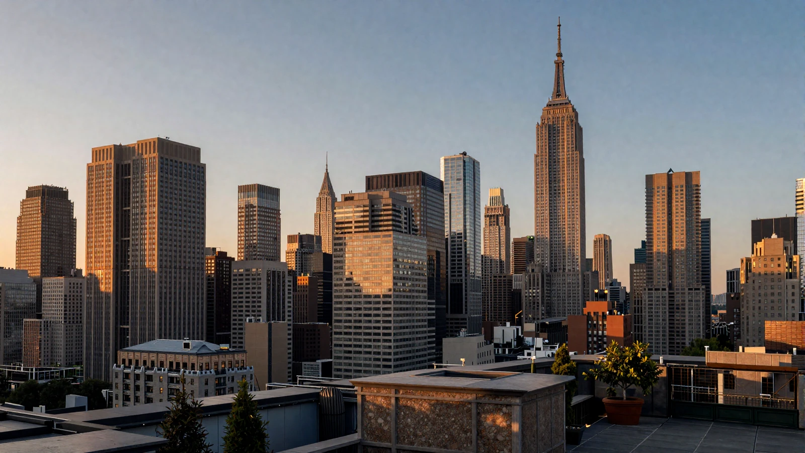 Manhattan skyline at dusk from a rooftop perspective