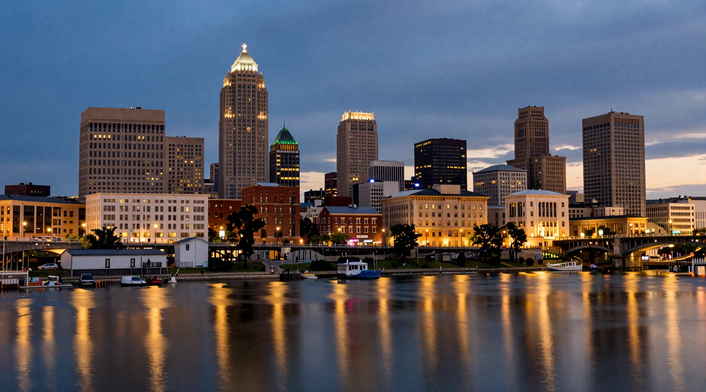 Columbus Ohio downtown skyline at twilight along the Scioto River