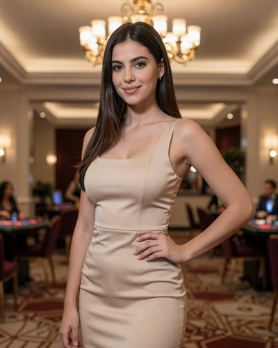 Aria, 24, brunette woman in a Las Vegas casino lobby