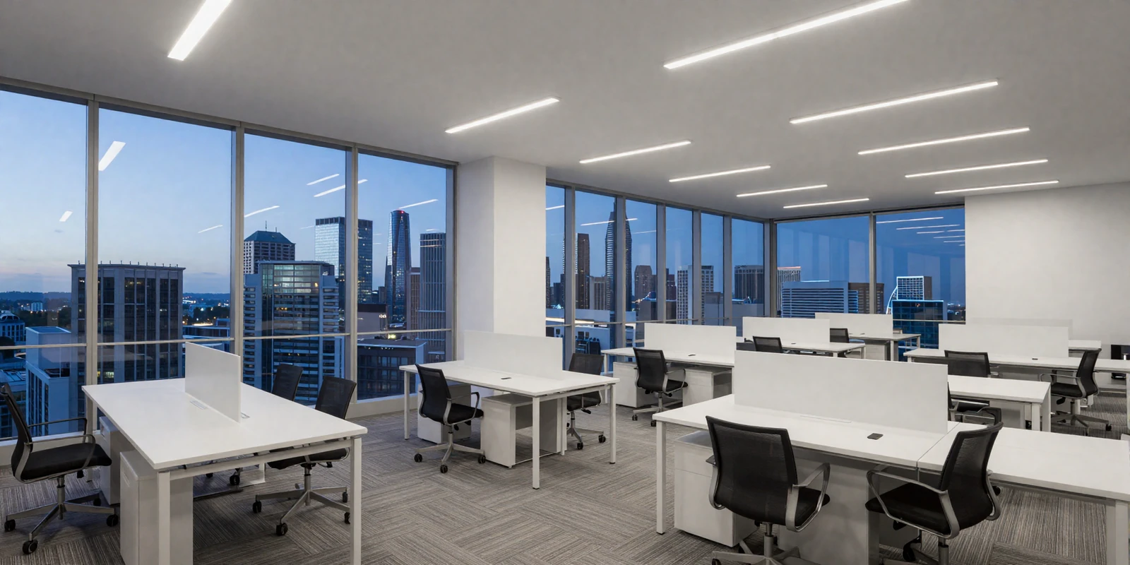 Modern office interior with city skyline view at blue hour