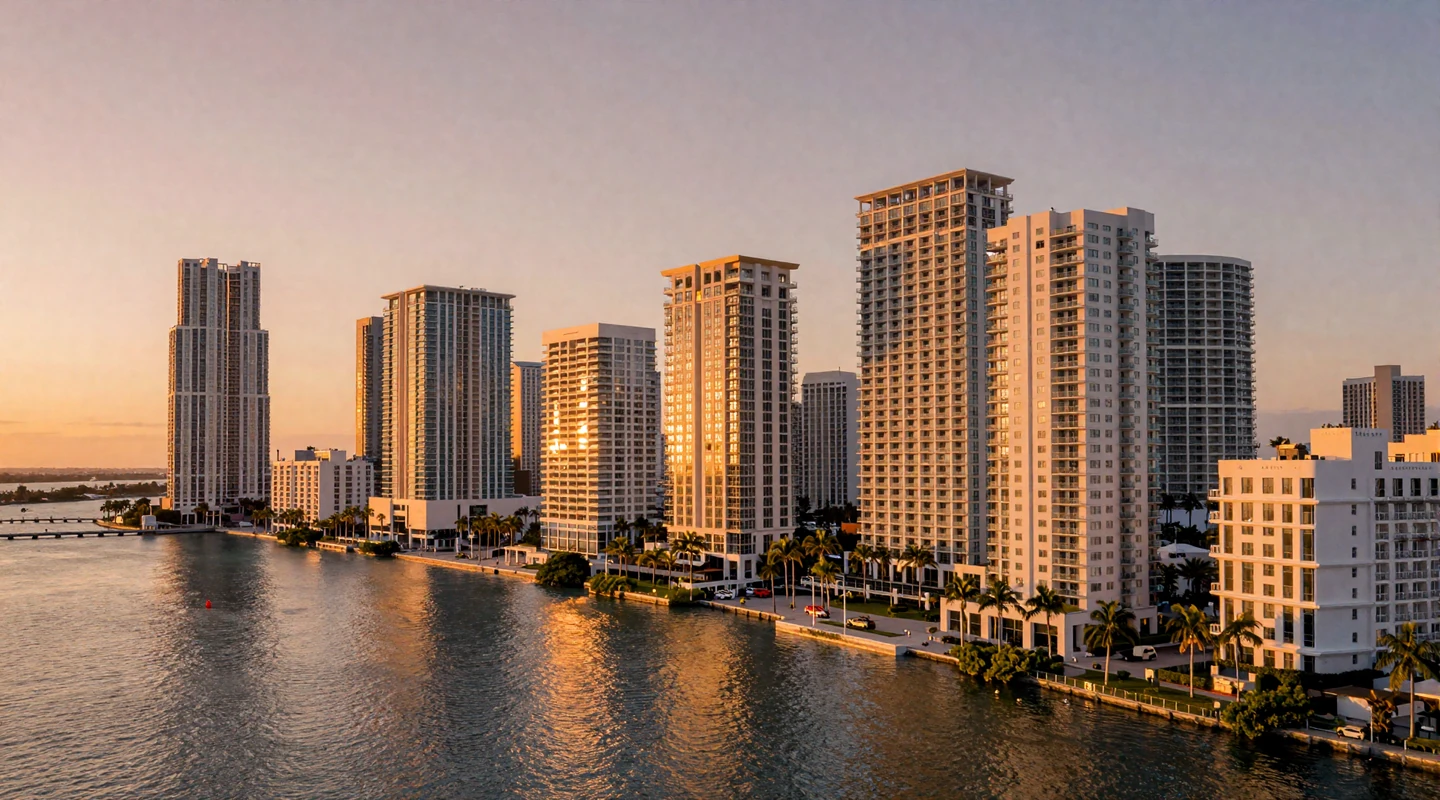 Miami skyline and Biscayne Bay at sunset with luxury high-rises
