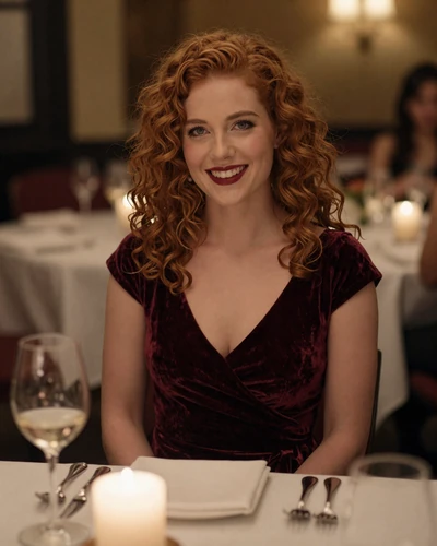 Grace, 28, redhead woman in a candlelit Chicago fine dining room