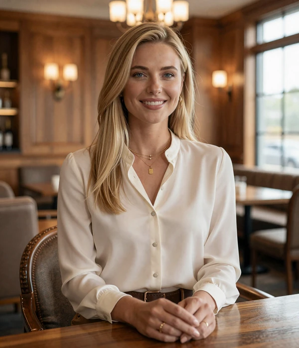 Elegant blonde woman seated in an upscale Dallas country club lounge
