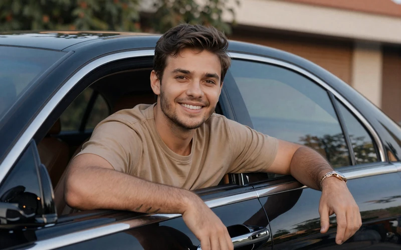 Younger man smiling confidently in a luxury car