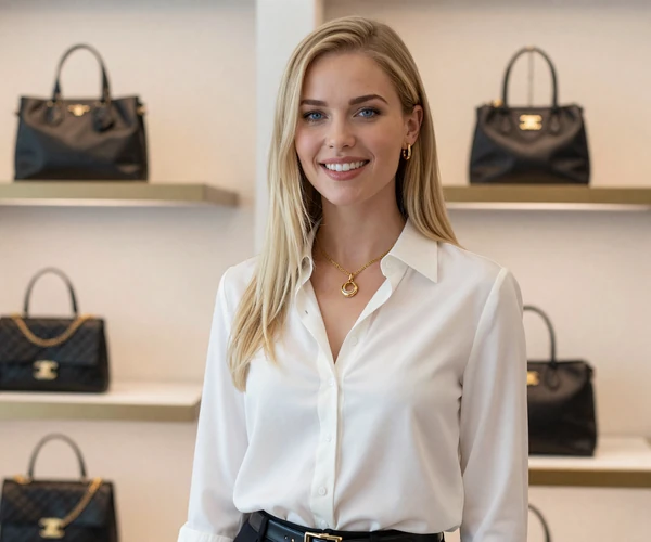 Glamorous woman inside a Beverly Hills luxury boutique