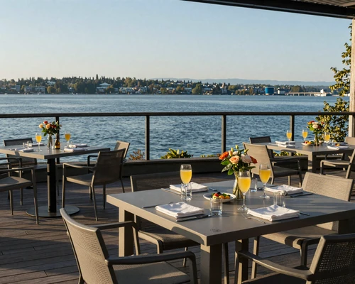 Upscale brunch setup on a lakefront deck overlooking Lake Washington in Seattle