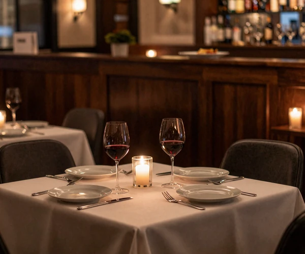 Candlelit table for two in a high-end Dallas steakhouse