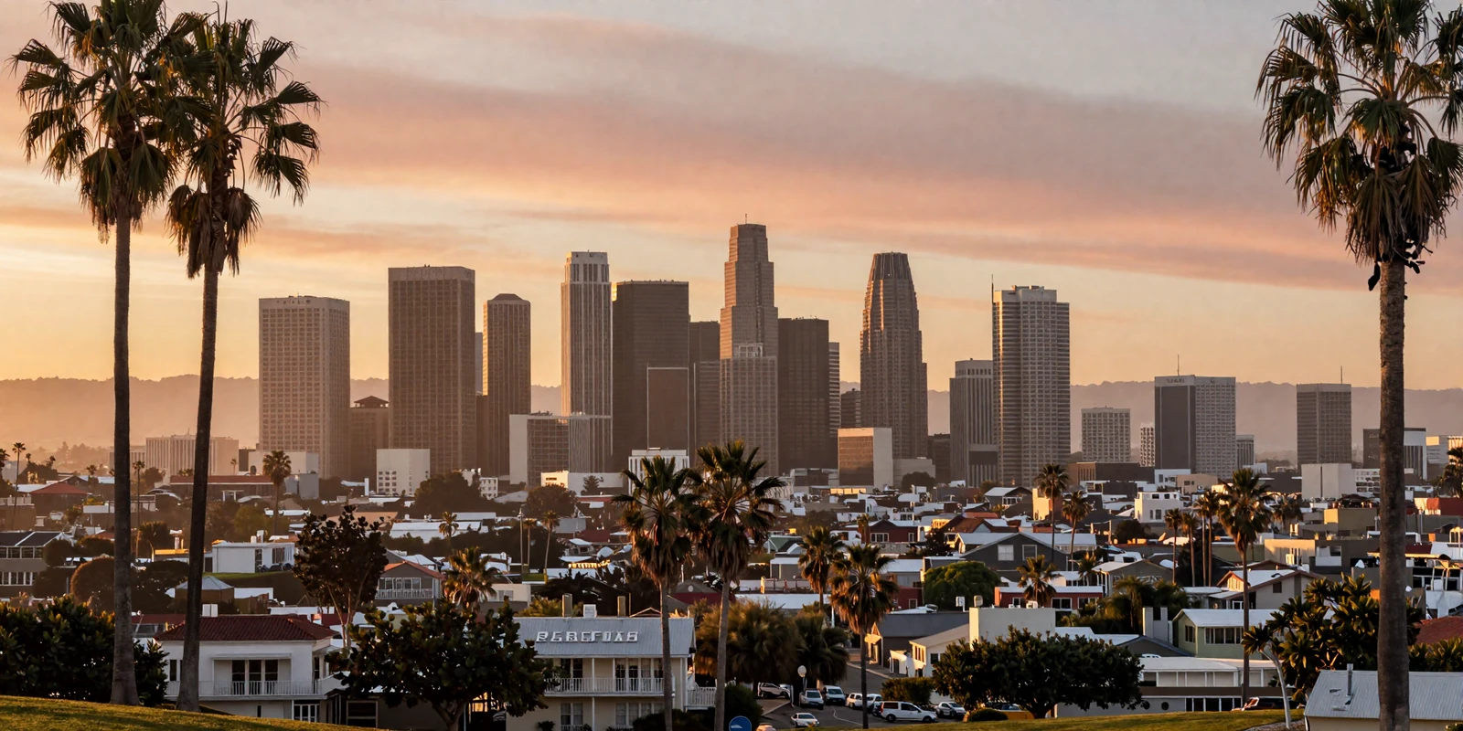 Los Angeles skyline at golden hour with Hollywood sign in the distance
