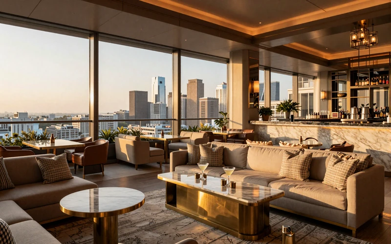 Interior of a luxury rooftop bar with elegant lounge seating and city skyline view