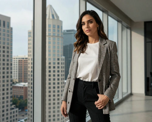 Stylish woman in a modern Houston high-rise