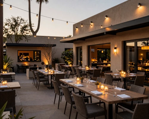 Upscale outdoor patio dining at an Old Town Scottsdale restaurant at golden hour
