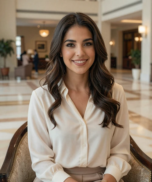Smiling Hispanic woman in a luxury hotel lobby in San Antonio