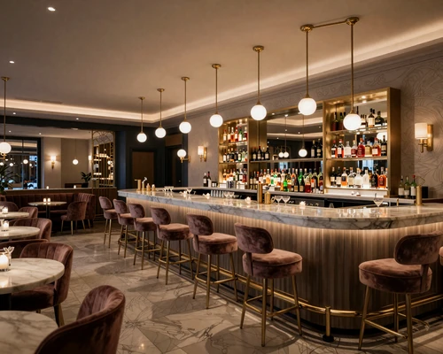 Elegant cocktail lounge interior in Dallas with warm ambient lighting