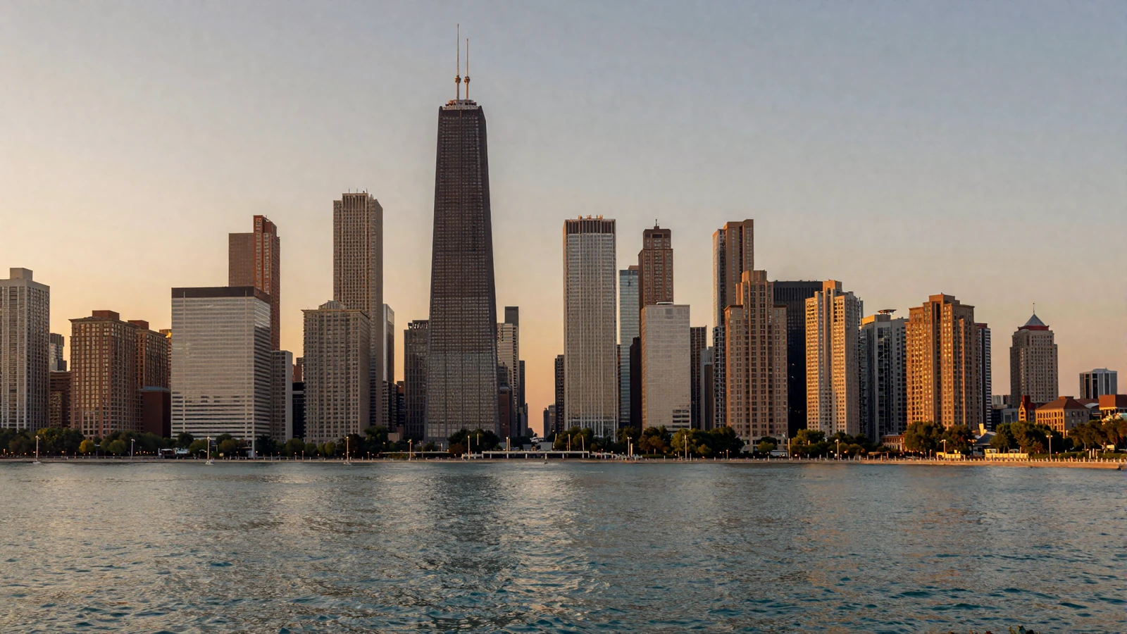 Chicago skyline at dusk viewed from the lakefront with golden light on glass towers