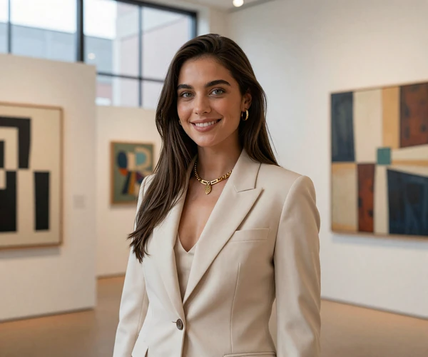 Stylish brunette woman in a modern Portland art gallery
