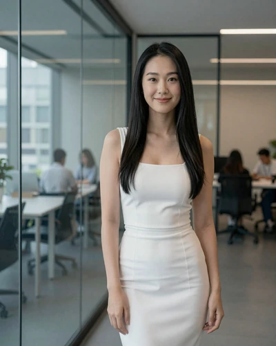 Mia, 24, a sugar baby from Seattle standing in a modern tech-office lobby