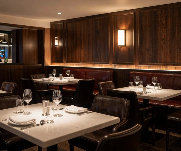 Upscale Denver steakhouse interior with warm ambient lighting