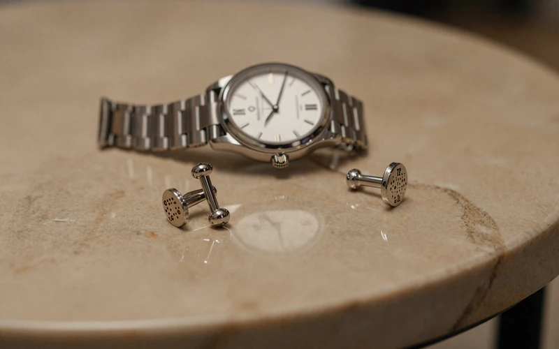 Luxury watch and cufflinks on a polished marble table