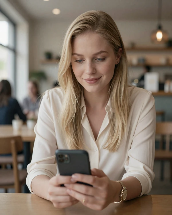 Woman reviewing sugar dating FAQ on her phone in a bright cafe