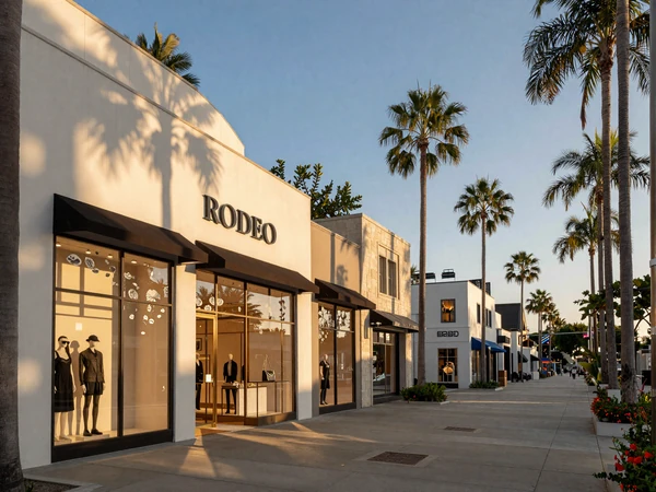 Rodeo Drive in Beverly Hills at golden hour with luxury storefronts