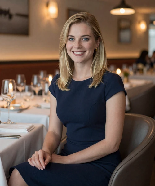 Sophisticated blonde woman dining at an upscale Columbus restaurant