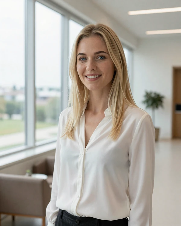 Elegant woman smiling in a bright modern lobby on SugarDating