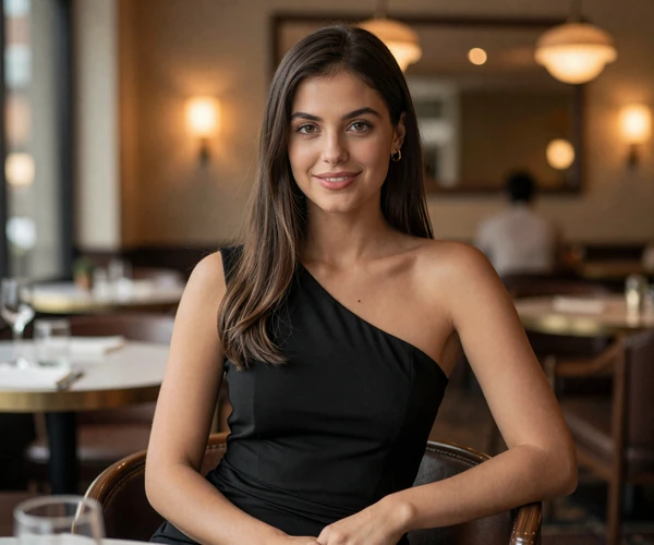 Elegant brunette woman seated in an upscale Chicago restaurant with warm ambient lighting