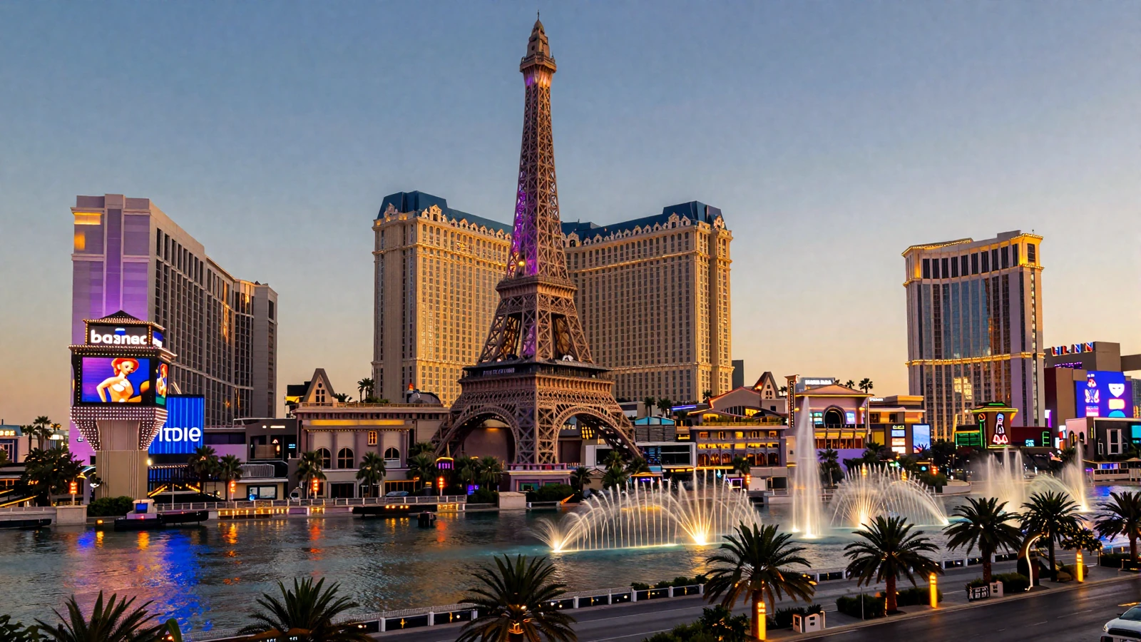 Las Vegas Strip at dusk with neon lights and luxury resorts