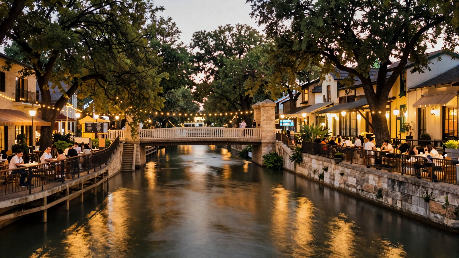 San Antonio River Walk at twilight with warm string lights reflecting on the water