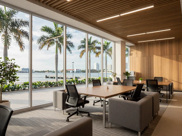 Modern office interior in Miami, Florida with bright windows