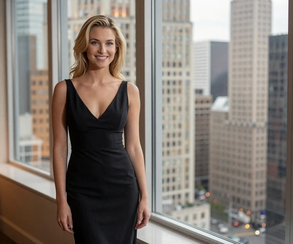Stylish blonde woman in a luxury Chicago high-rise overlooking the skyline