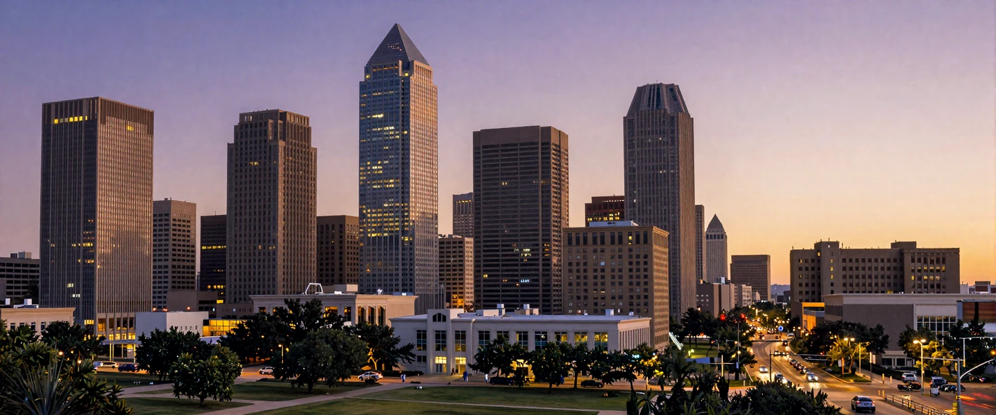 Houston downtown skyline at dusk with illuminated skyscrapers