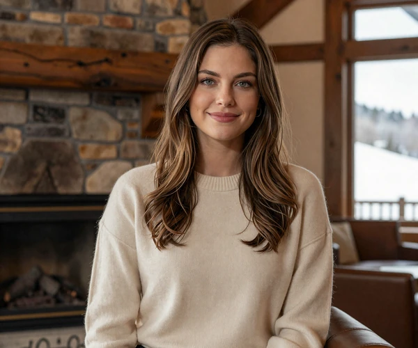 Elegant brunette woman in a luxury Denver ski lodge, premium lifestyle portrait