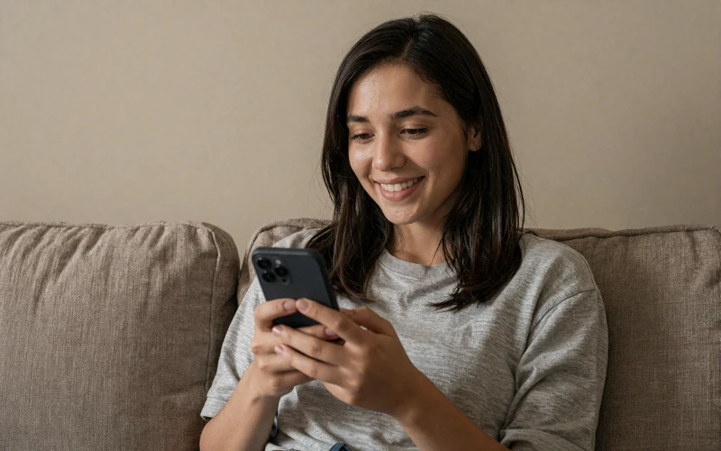 Woman smiling at her phone while sitting on a couch