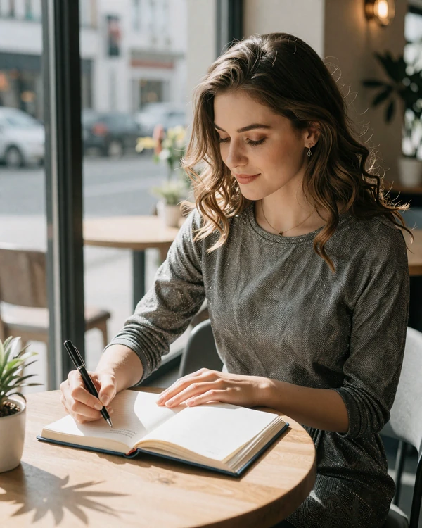 Woman writing in a journal at a sunlit cafe