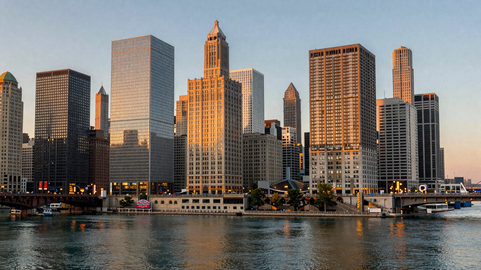 Chicago skyline at dusk along the river with illuminated skyscrapers