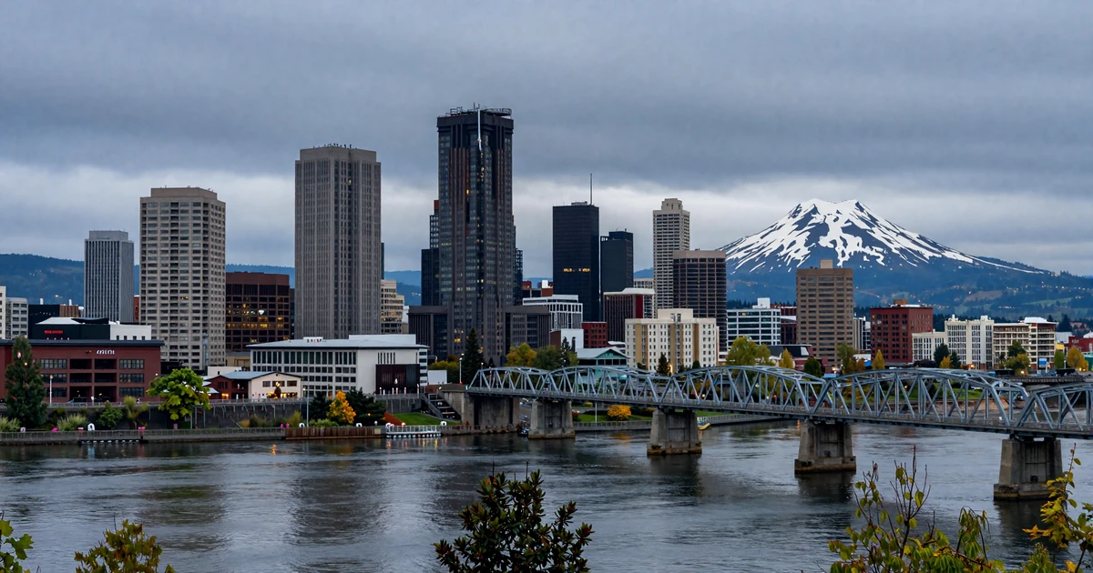 Portland Oregon skyline at dusk with Mount Hood in the background