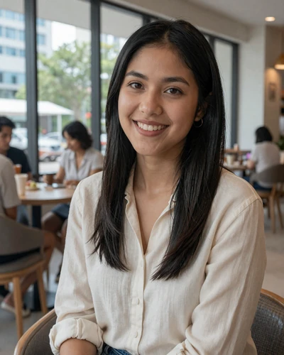 Valeria, 24, from Lake Nona Orlando, sitting in a modern cafe