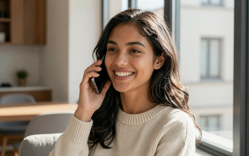Woman laughing on a phone call by a sunlit window
