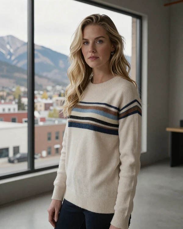 Attractive blonde woman in a modern Denver loft with mountain views
