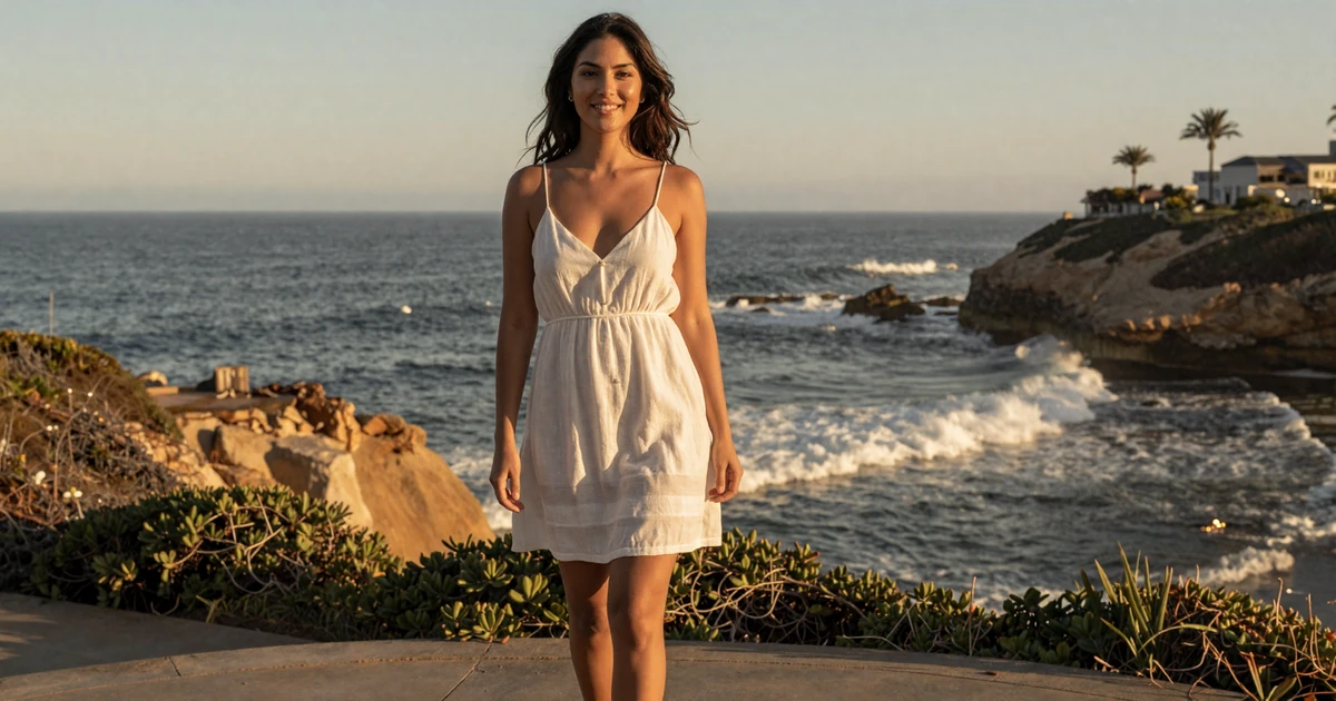 Attractive woman on a La Jolla cliffside terrace overlooking the Pacific Ocean at golden hour